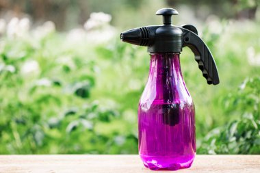 bahçede ahşap arka plan üzerinde el püskürtücü