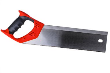 red hand saw and aluminum miter box for hobby in home workshop