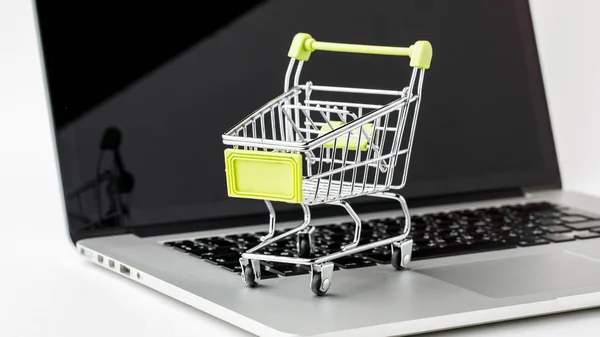 Online shopping and e-Commerce. Basket and laptop on white backg