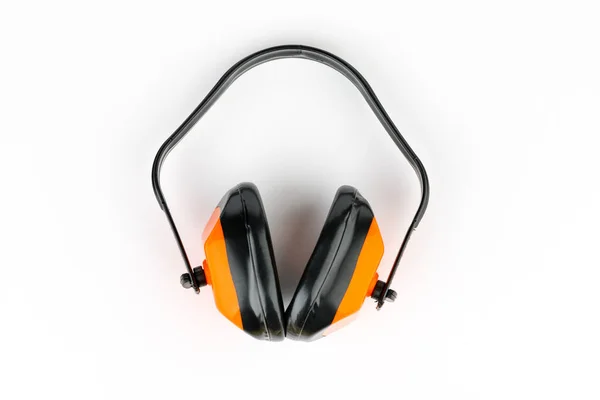 Orange Schützende Kopfhörer Auf Weißem Hintergrund Professionelles Bauzubehör — Stockfoto