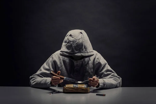 Close Man Preparing Drugs Lighter Concept Addiction — Stock Photo, Image