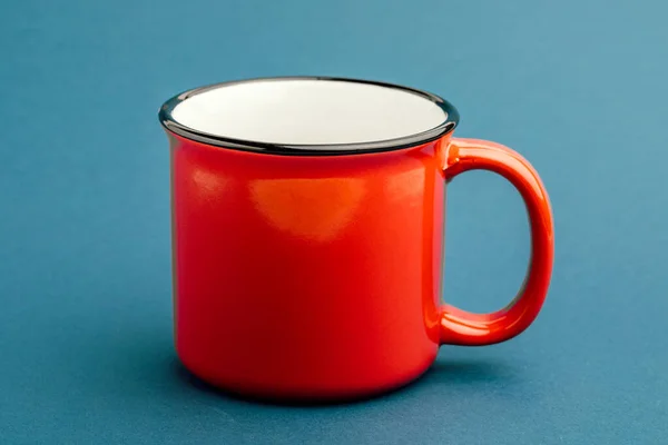 Empty Iron Mug Blue Background — Stock Photo, Image