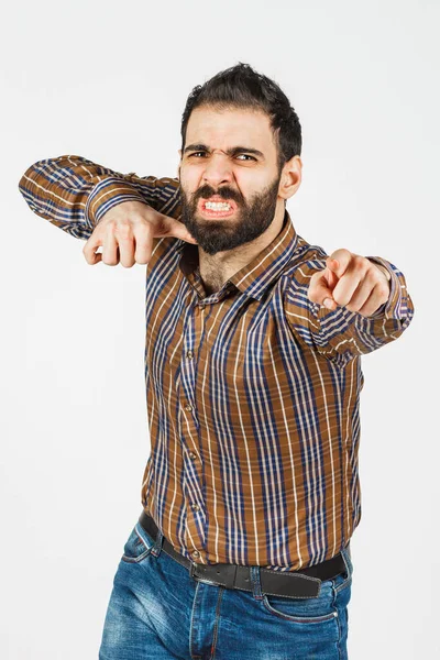 Homem Meia Idade Jeans Desbotados Camisa Fundo Branco Mostrando Emoções — Fotografia de Stock