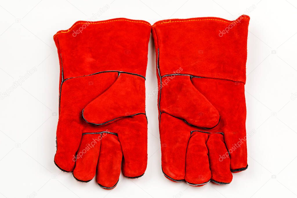 Welding gloves, welding equipment, gloves isolated on a white background, protective clothing.