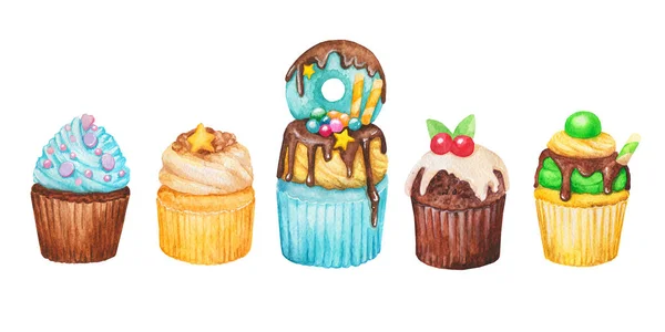 Watercolor cupcake, fairy cake isolated on a white background. Sweet delicious hand drawn bakery illustration