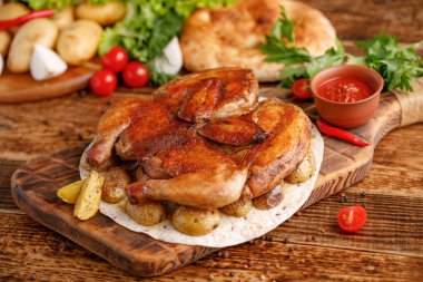 Garnitür pişmiş genç patates ile tavuk tütün. Rustik. Ahşap arka plan üzerinde iştah açıcı natürmort.