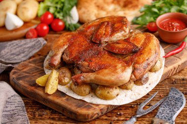 Fried chicken garnitür pişmiş genç patates ile. Rustik. Natürmort Tekstil ve özgün aletleri ahşap bir zemin üzerine.