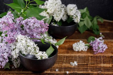 Muhteşem kar-beyaz ve mor çiçekler ahşap arka plan üzerinde zarif bardak Lila ve siyah. Yakın çekim.