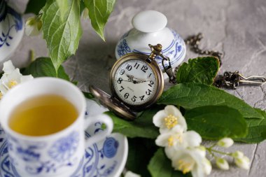 Çiçeklenme hassas Yasemin çiçekleri ve tonik yeşil çay. Bembeyaz güzel çiçekler.