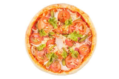 Beyaz bir arka plan üzerinde çeşitli pizza. Yukarıdan görüntüleyin. İzole.