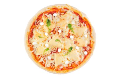 Peynir pizza beyaz bir arka plan üzerinde çeşitli. Yukarıdan görüntüleyin. İzole.