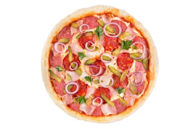 Beyaz bir arka plan üzerinde çeşitli et pizza. Yukarıdan görüntüleyin. İzole.