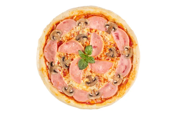 Pizza Mit Schinken Und Pilzen Auf Weißem Hintergrund Blick Von — Stockfoto