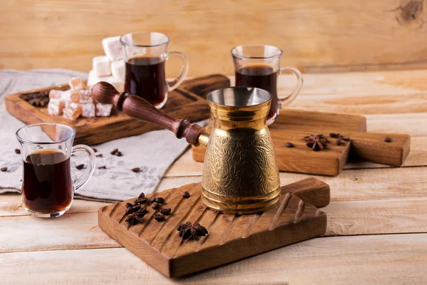 Turkish Coffee Turk Glass Coffee Background Beautiful Wooden Plate Turkish — Stock Photo, Image