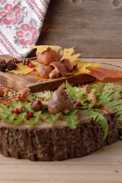 Mushrooms Maple Leaves Wooden Saw Autumn Still Life — Stock Photo, Image