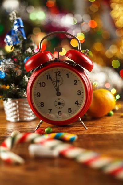 Vintage Alarm Clock New Year Setting Five Midnight Happy New — Stock Photo, Image