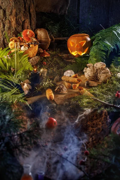 Bir Peri Ormandaki Parlayan Uğursuz Kabak Jack Cadılar Bayramı Natürmort — Stok fotoğraf