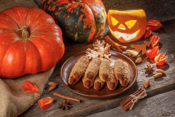 Cookie Witch Fingers Wooden Table Surrounded Pumpkins Halloween Still Life — Stock Photo, Image