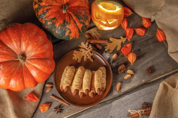 Cookies Witch Fingers Halloween Wooden Table Surrounded Pumpkins Autumn Still — Stock Photo, Image