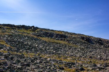 Güzel manzara. Dağ ve yeşil vadi Kuzey Ural Rusya'da. Boş zaman için sakin bir yer. Doğa ve Tayga güzel havalarda tadını çıkarın. Seyahat hedef etkin yürüyüşçüler için. Yaz aylarında güzel dağ manzarası.