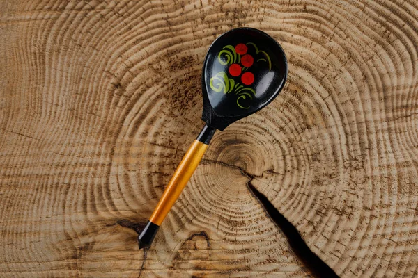 Wooden Spoon Handmade Painting Russian Style Khokhloma Top View — Stock Photo, Image