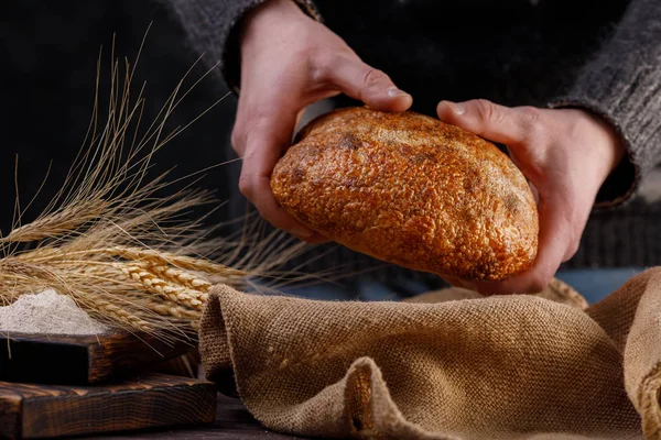 Craft bread close up in a man\'s hand and flowing flour. The concept of healthy food and traditional bakery. Rustic.