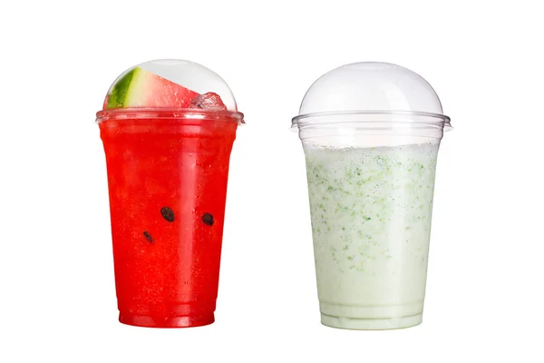 Deliciosos Smoothies Frutas Copos Plástico Fundo Branco Dois Cocktails Com — Fotografia de Stock