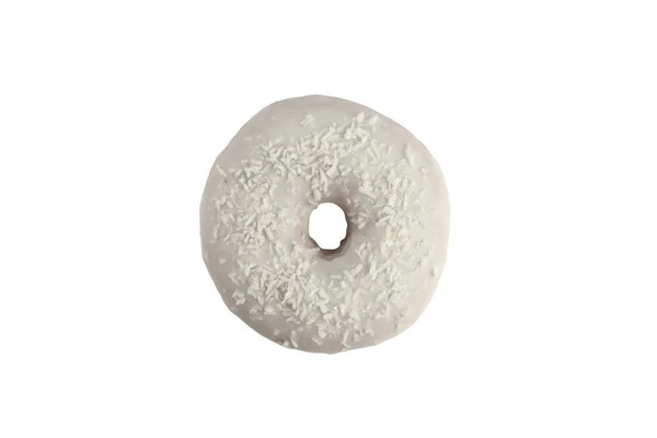 Ciambella appetitosa in smalto bianco con decorazione di scaglie di cocco su fondo bianco. Isolato . — Foto Stock