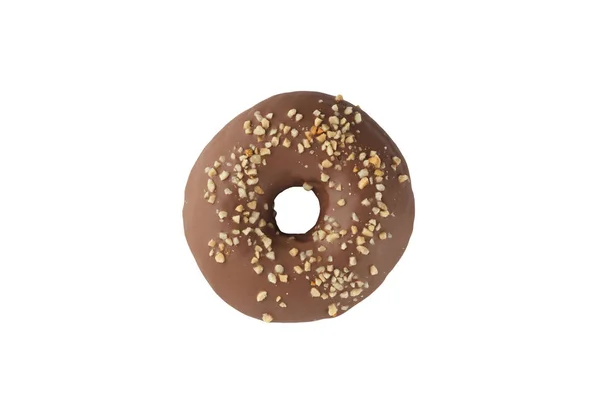 Appetizing donut in chocolate icing with nuts on a white background. Isolated. — Stock Photo, Image