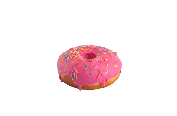 Apetitivo donut en un esmalte rosa con múltiples colores espolvorear en — Foto de Stock