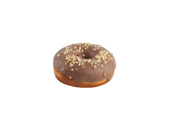 Appetizing donut in chocolate icing with nuts on a white backgro — Stock Photo, Image