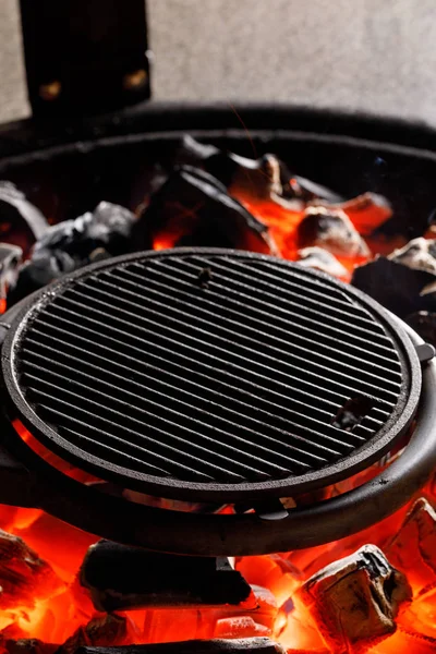 Hot empty charcoal BBQ grill with bright flames on Cookout. Concept. — Stock Photo, Image