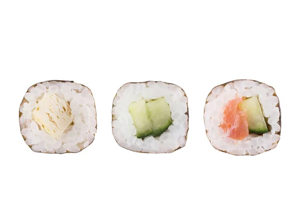 Sushi tekercs izolált fehér alapon. Gyűjtemény. Közeli fel finom japán étel sushi tekercs. — Stock Fotó
