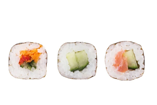 Sushi tekercs izolált fehér alapon. Gyűjtemény. Közeli fel finom japán étel sushi tekercs. — Stock Fotó