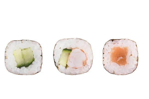 Rollos de sushi aislados sobre fondo blanco. Colección. Primer plano de deliciosa comida japonesa con rollo de sushi . — Foto de Stock