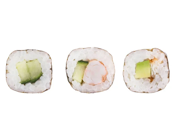 Rollos de sushi aislados sobre fondo blanco. Colección. Primer plano de deliciosa comida japonesa con rollo de sushi . — Foto de Stock