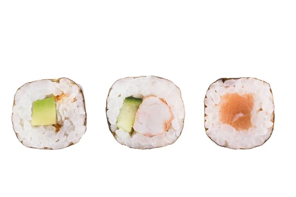 Sushi-Rollen isoliert auf weißem Hintergrund. Sammlung. Nahaufnahme von köstlichem japanischem Essen mit Sushi-Rolle. — Stockfoto