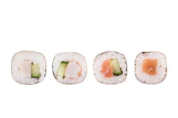 Rollos de sushi aislados sobre fondo blanco. Colección. Primer plano de deliciosa comida japonesa con rollo de sushi . — Foto de Stock