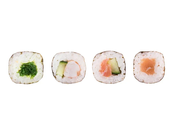 Sushi rolls isolated on white background. Collection. Close-up of delicious japanese food with sushi roll. — Stock Photo, Image