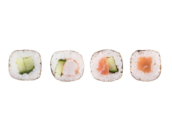 Rollos de sushi aislados sobre fondo blanco. Colección. Primer plano de deliciosa comida japonesa con rollo de sushi . — Foto de Stock