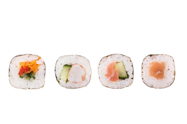 Rollos de sushi aislados sobre fondo blanco. Colección. Primer plano de deliciosa comida japonesa con rollo de sushi . — Foto de Stock