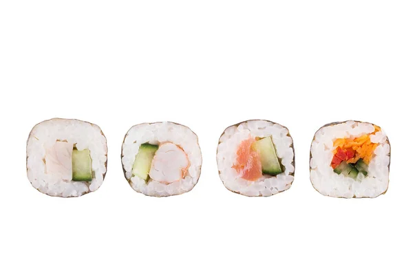 Rollos de sushi aislados sobre fondo blanco. Colección. Primer plano de deliciosa comida japonesa con rollo de sushi . — Foto de Stock