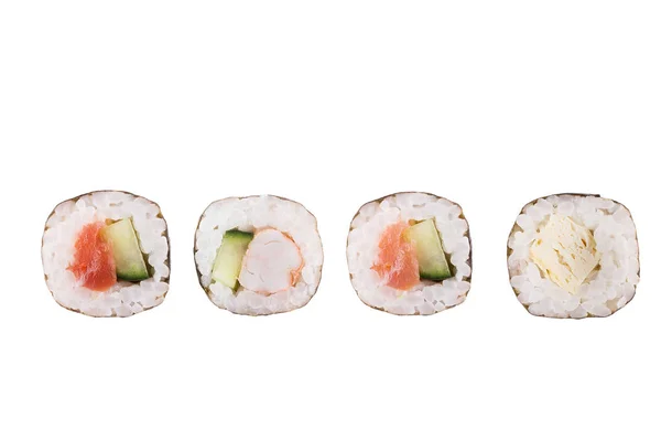 Rollos de sushi aislados sobre fondo blanco. Colección. Primer plano de deliciosa comida japonesa con rollo de sushi . — Foto de Stock