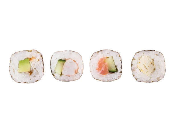 Rollos de sushi aislados sobre fondo blanco. Colección. Primer plano de deliciosa comida japonesa con rollo de sushi . — Foto de Stock