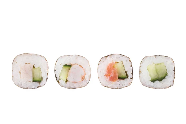 Rollos de sushi aislados sobre fondo blanco. Colección. Primer plano de deliciosa comida japonesa con rollo de sushi . — Foto de Stock