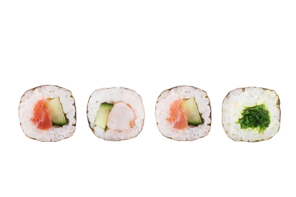 Rollos de sushi aislados sobre fondo blanco. Colección. Primer plano de deliciosa comida japonesa con rollo de sushi . — Foto de Stock