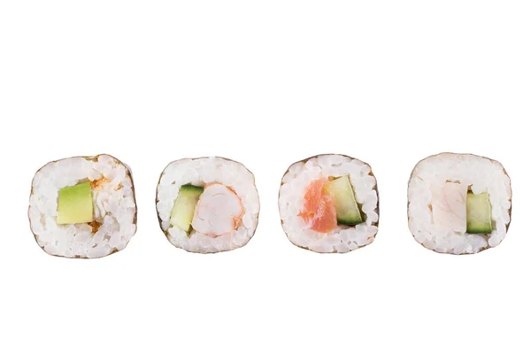 Rollos de sushi aislados sobre fondo blanco. Colección. Primer plano de deliciosa comida japonesa con rollo de sushi . — Foto de Stock