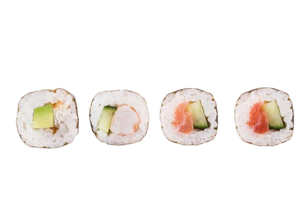 Rollos de sushi aislados sobre fondo blanco. Colección. Primer plano de deliciosa comida japonesa con rollo de sushi . — Foto de Stock