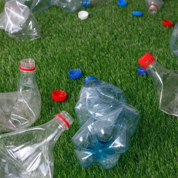 回收塑料和环保的概念。宠物在绿草上为塑料瓶装。人造草坪. — 图库照片