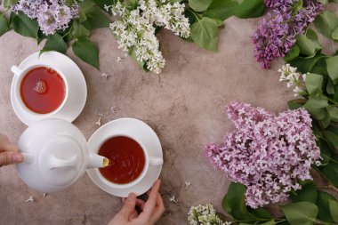 Tea set and flower decor on a textural background. Pouring tea i